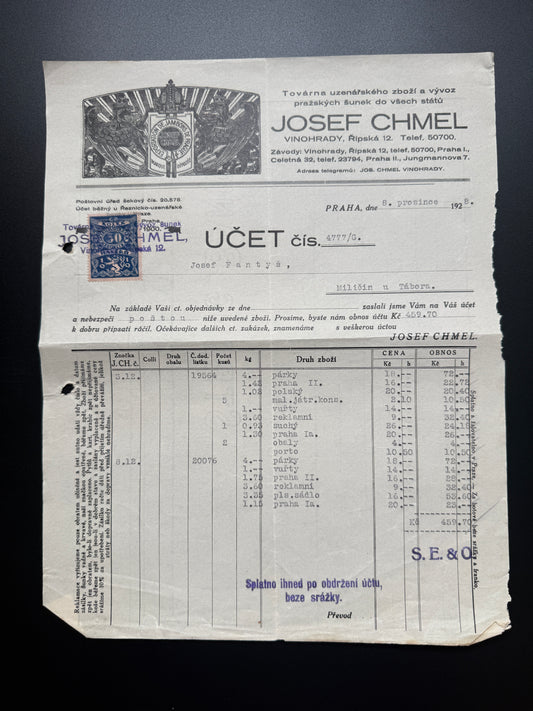 Stary ucet Josef Chmel Praha 1928 s kolkem a razitky (F180)