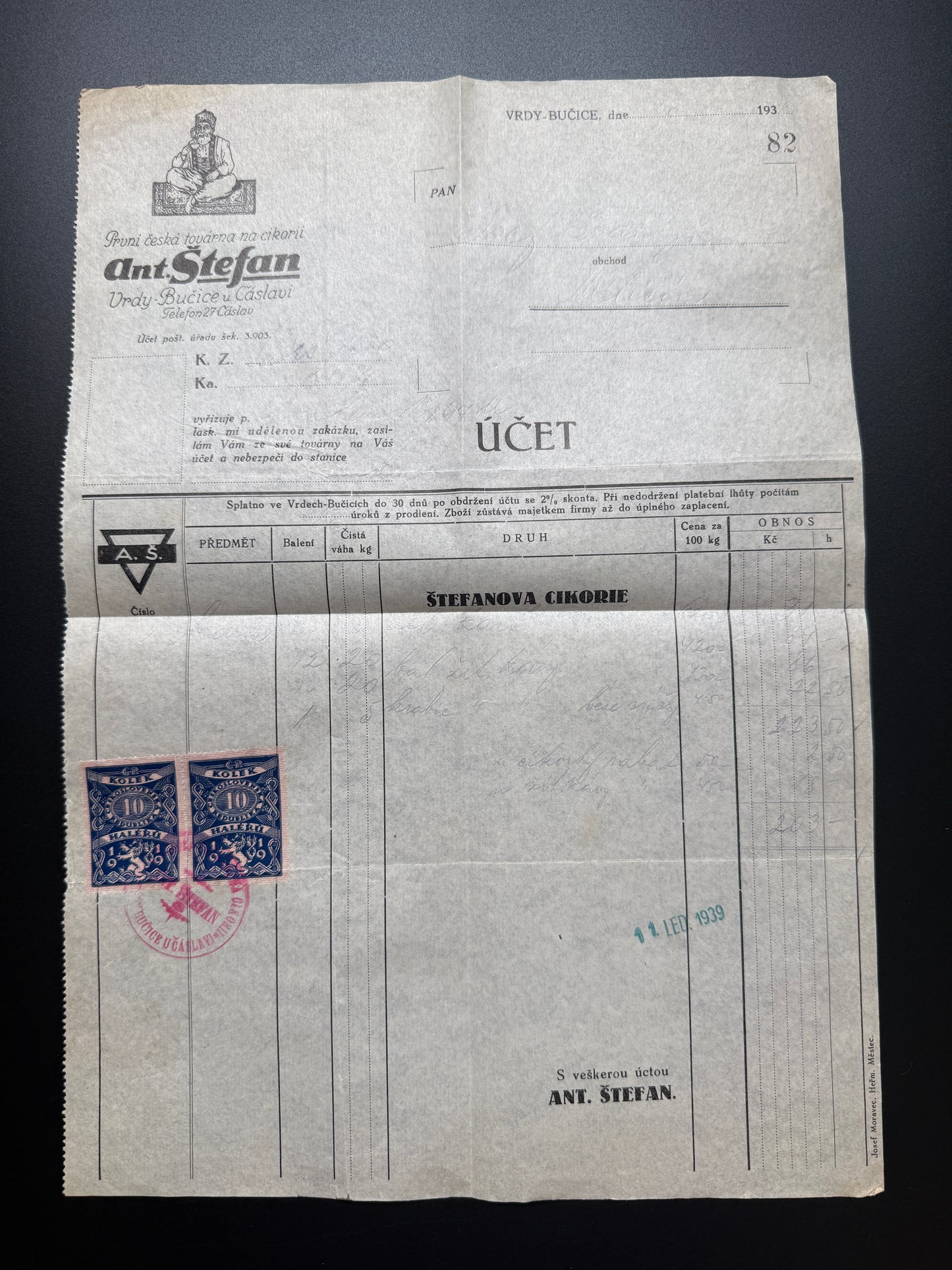 Stary Účet Ant. Štefan Bučice 1939 s kolky (F181)