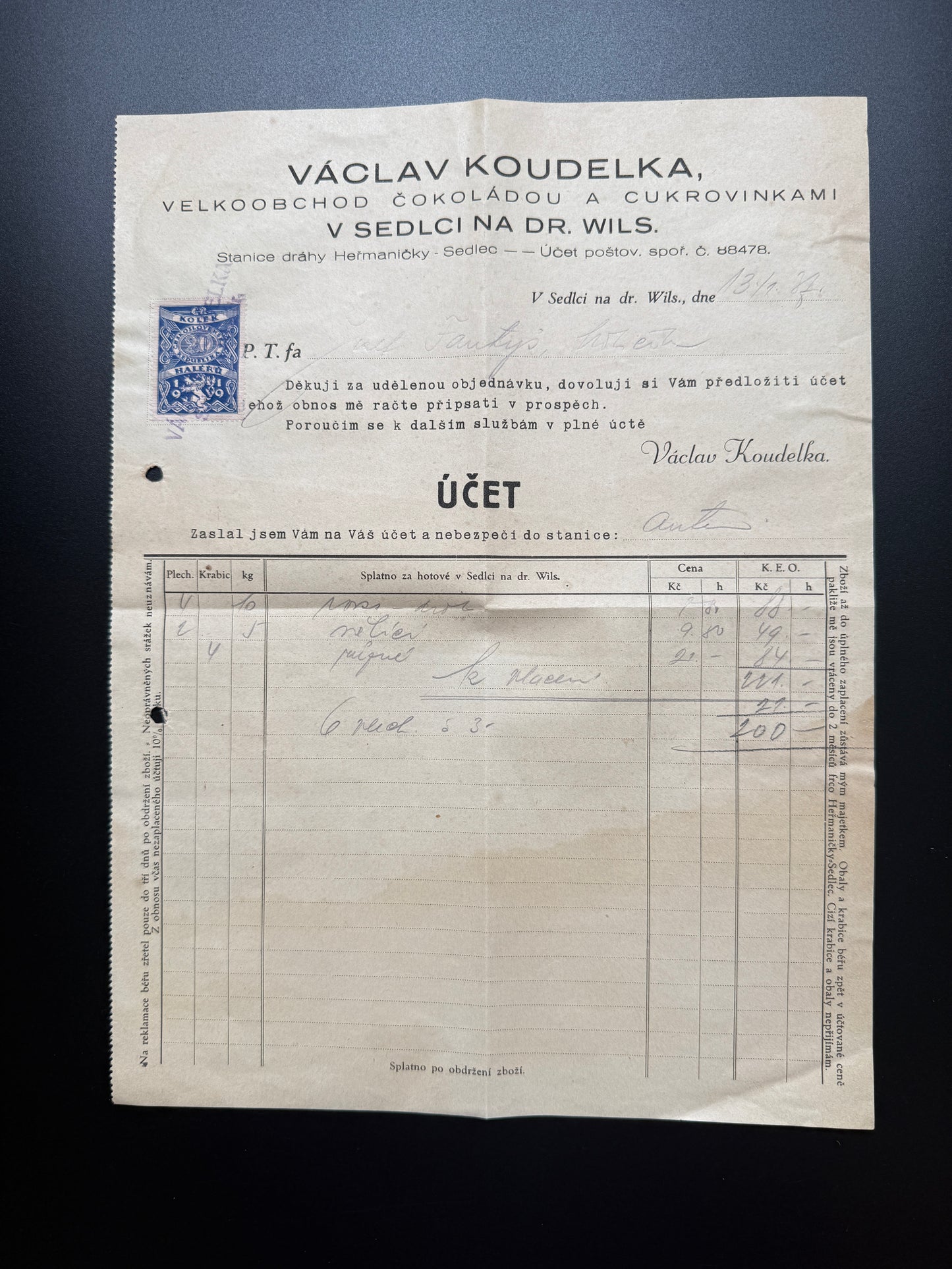 Stary účet Václav Koudelka Sedlec cukrovinky (F182)