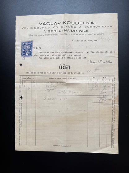 Stary účet Václav Koudelka Sedlec cukrovinky (F182)