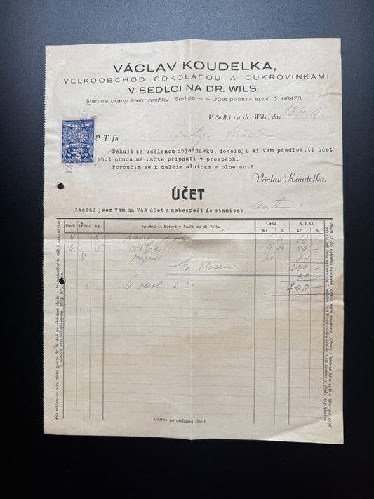 Stary účet Václav Koudelka Sedlec cukrovinky (F182)
