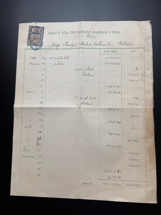 Stary vyuctovaci vypis Obchodni druzstvo Plzen 1938-1939 (F183)
