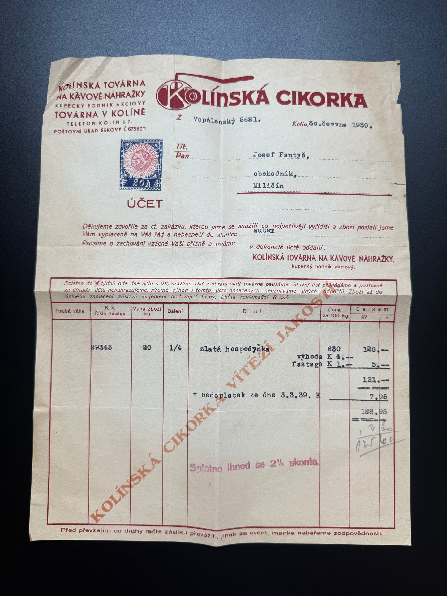 Stary účet Kolínská Cikorka, Josef Zaušys, Kolín, 1939 (F184)