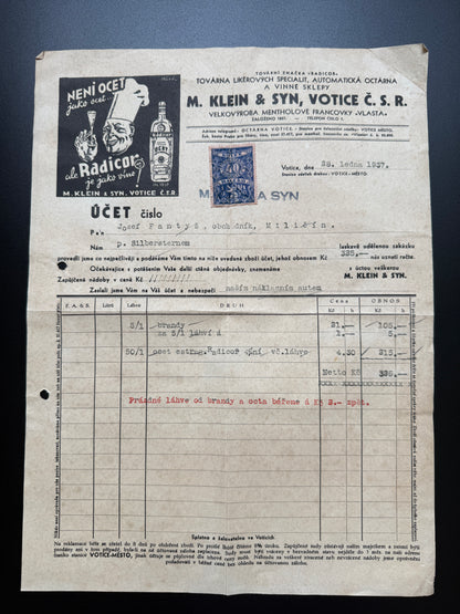 Stary účet M. Klein & Syn Votice 1937 s kolkem (F185)