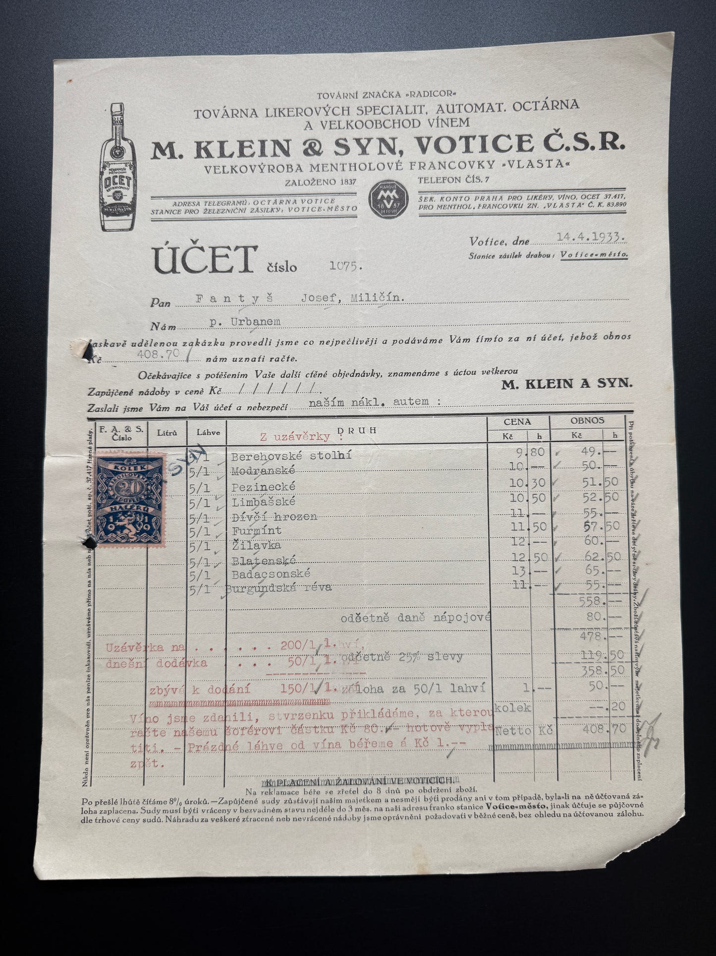 Stary ucet M. Klein & Syn, Votice, 1933, s kolkem (F186)