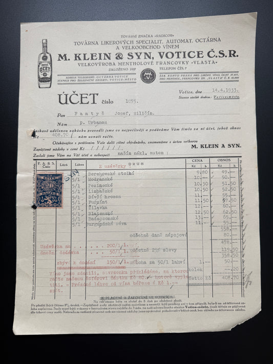 Stary ucet M. Klein & Syn, Votice, 1933, s kolkem (F186)
