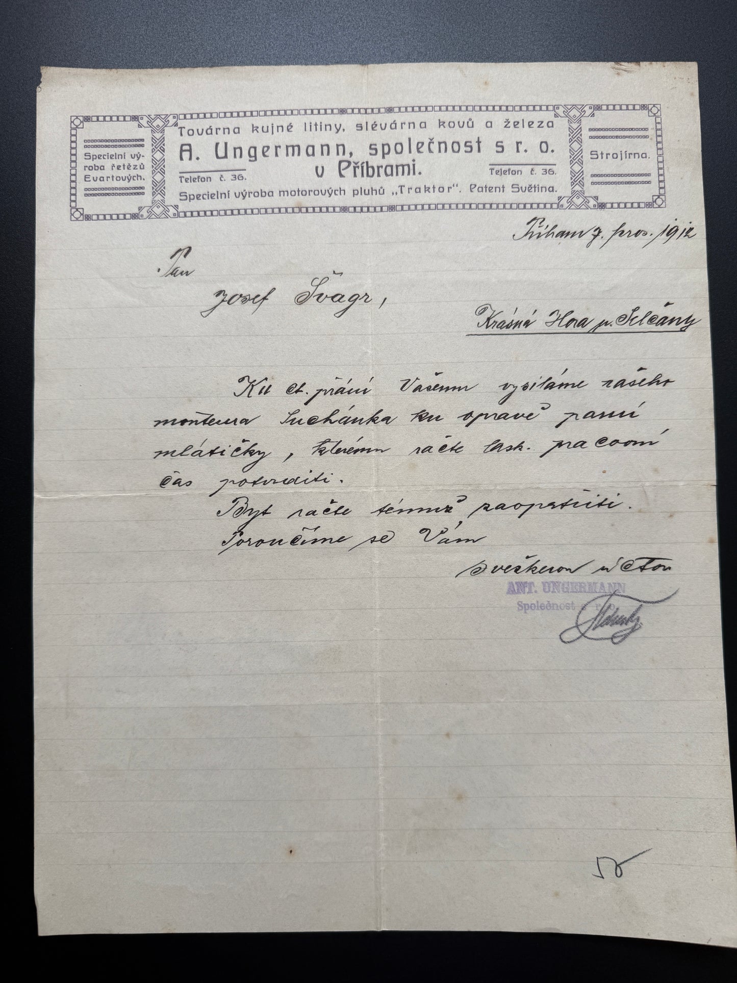 Stary firemni dopis A. Ungermann Pribram 1912 (F187)