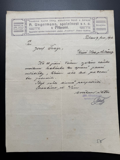 Stary firemni dopis A. Ungermann Pribram 1912 (F187)