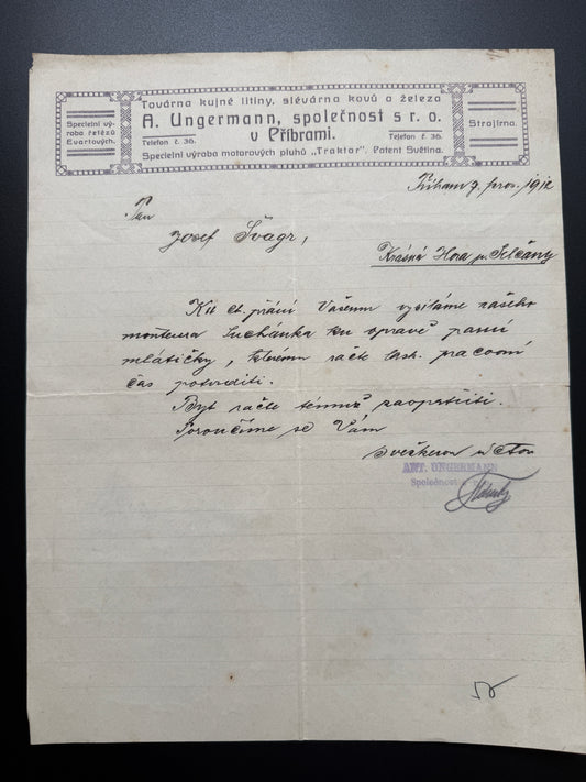 Stary firemni dopis A. Ungermann Pribram 1912 (F187)