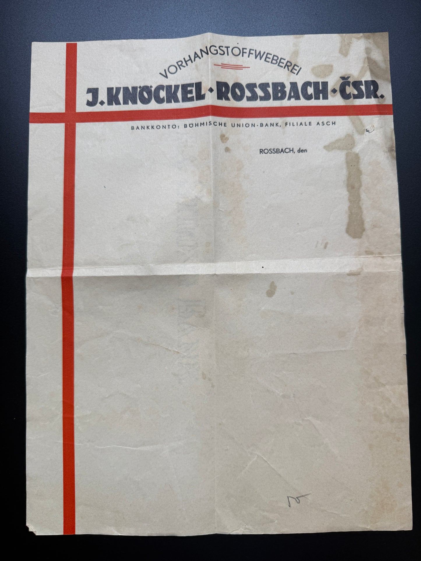 Stary hlavickovy papir J. Knockel Rossbach CSR (F188)