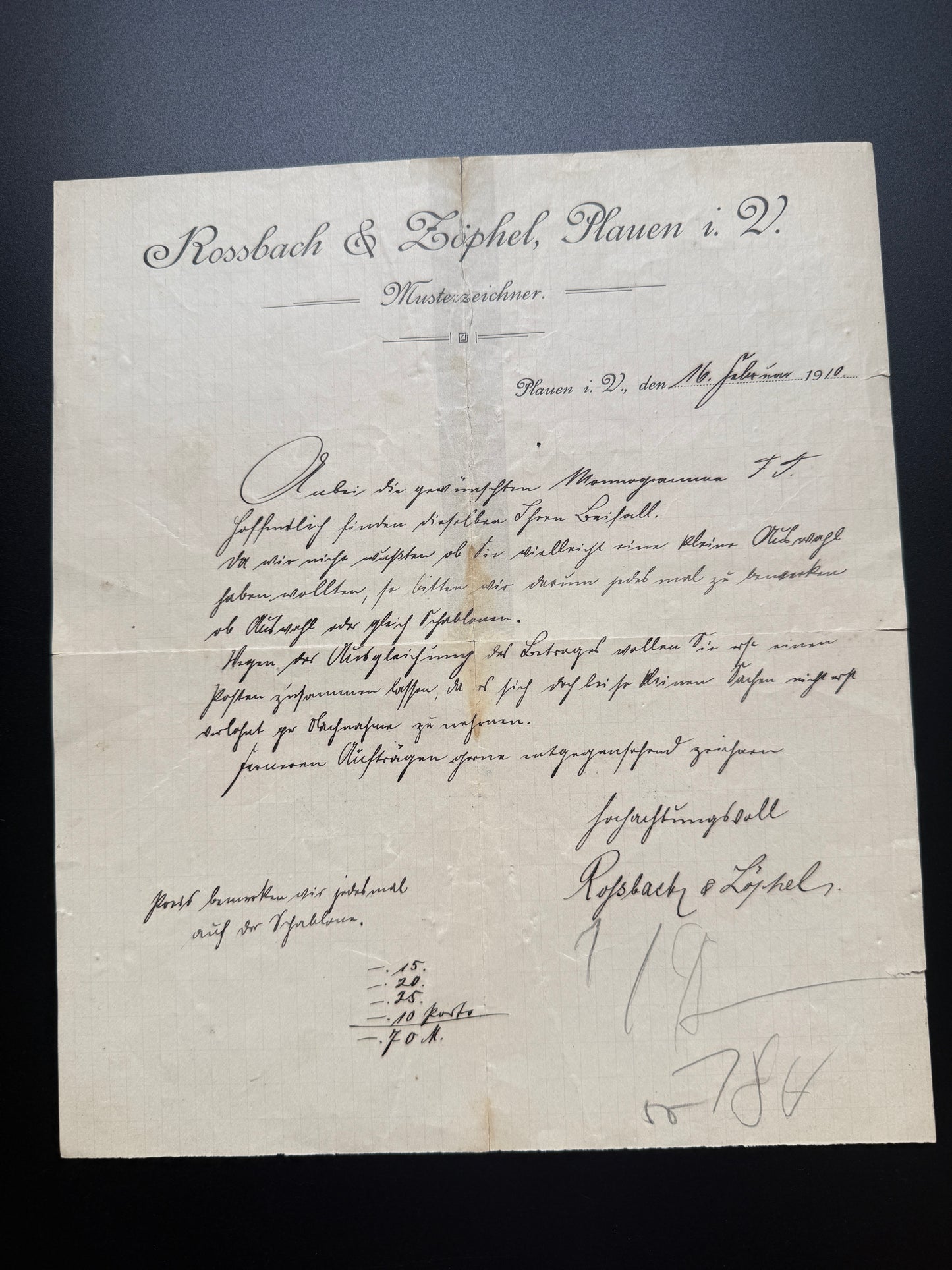 Stary obchodni dopis Rossbach & Zipfel Plauen 1918 Musterzeichn (F189)