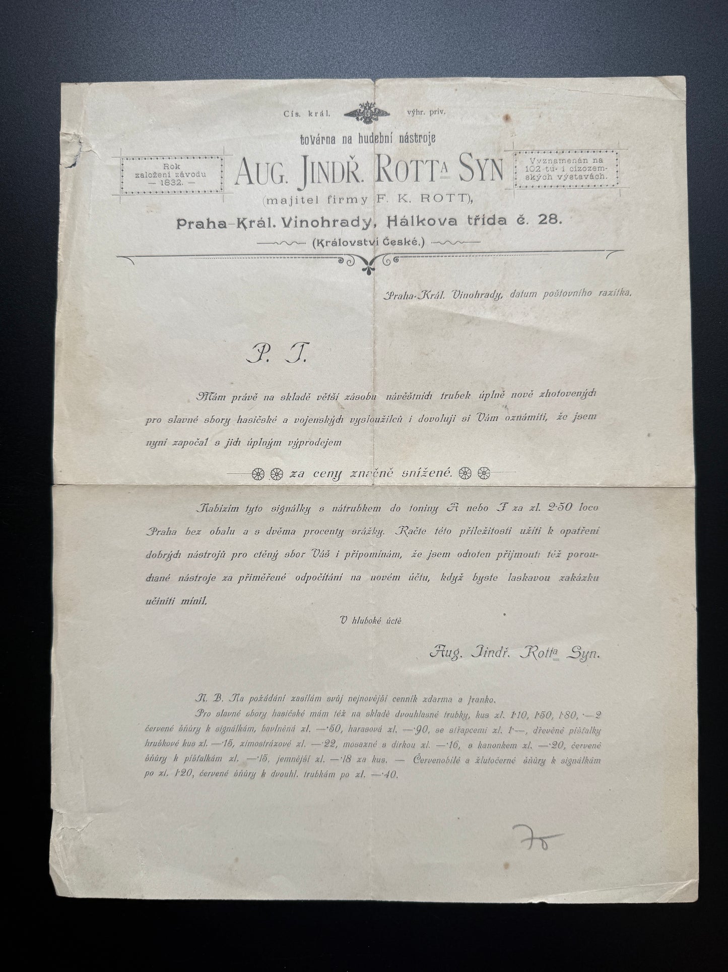 Stary AUG. JINDŘ. ROTTA SYN Praha Vinohrady Reklama (F191)