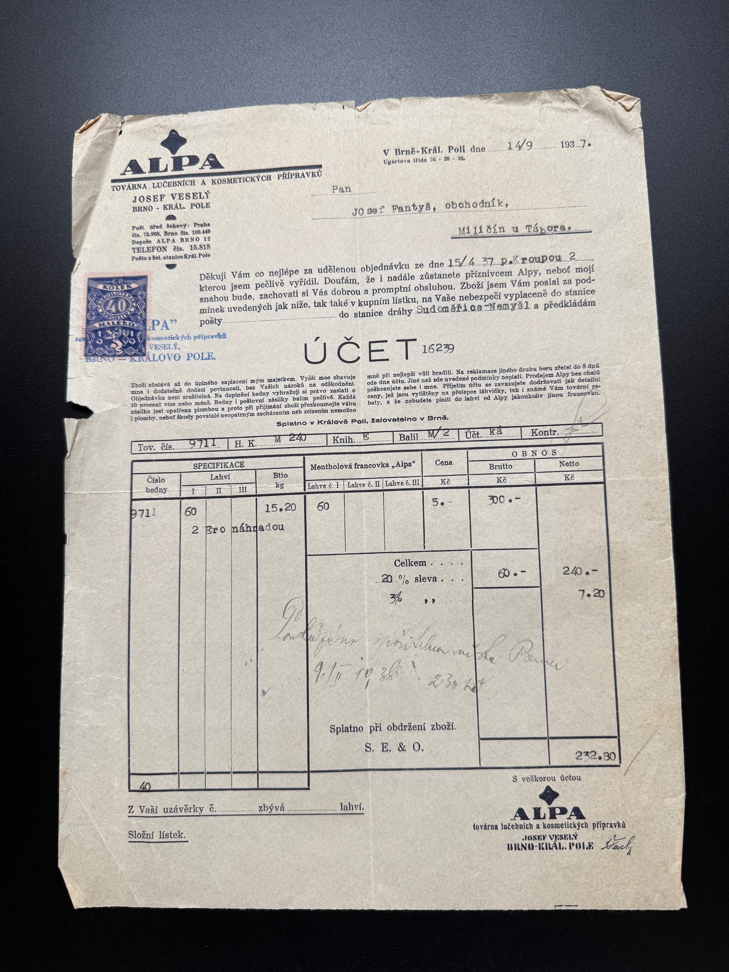 Stary ucet ALPA Brno 1937 s kolkem a firemni hlavickou (F193)
