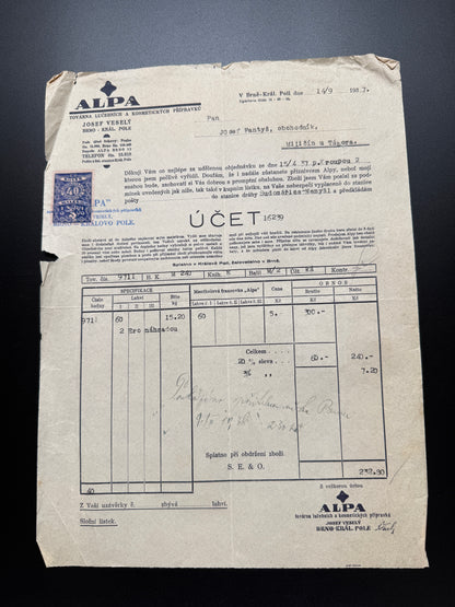 Stary ucet ALPA Brno 1937 s kolkem a firemni hlavickou (F193)
