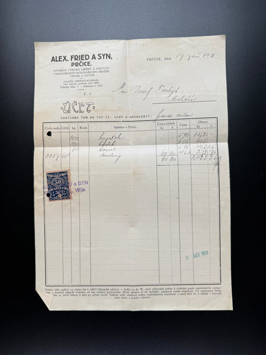 Stary dokument Alex. Fried a Syn Prčice faktura 1931 s kolkem (F194)