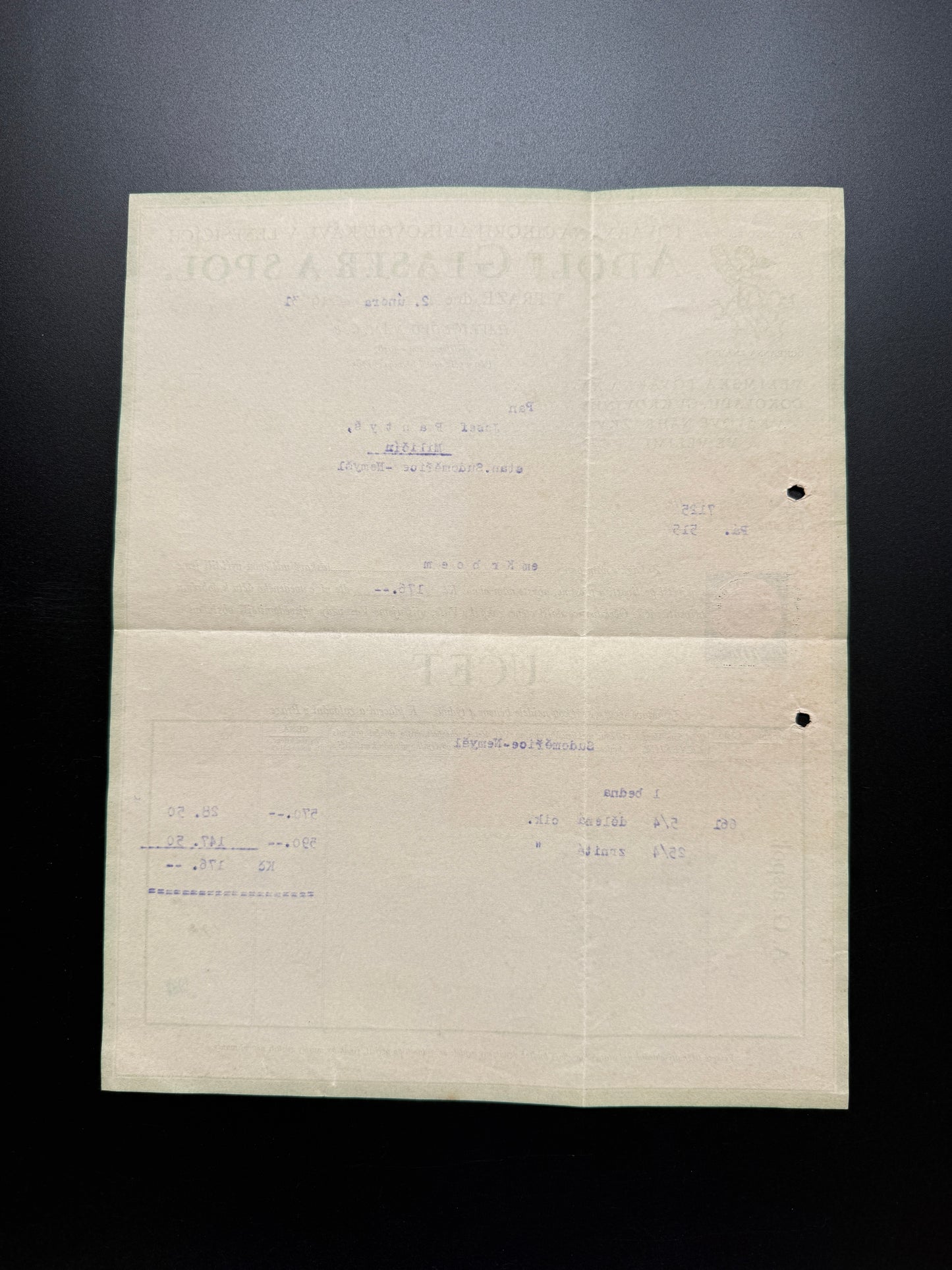 Stary účet Adolf Glaser a spol. Lenešice a Praha 1952 (F195)