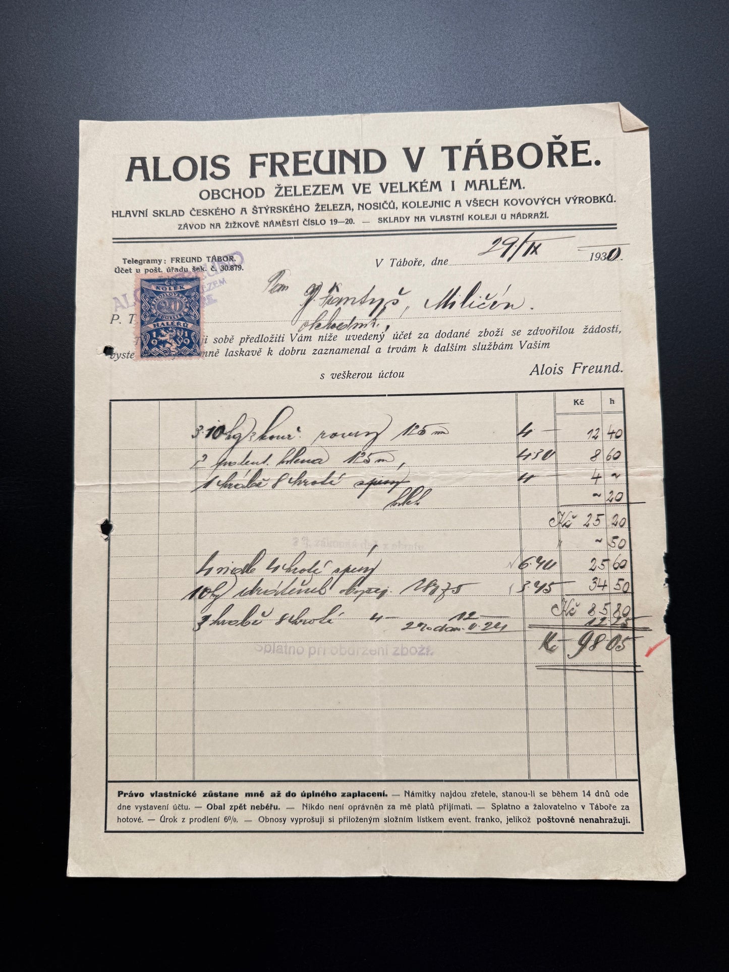 Stary ucet Alois Freund Tabor, zelezo, rok 1930 (F196)
