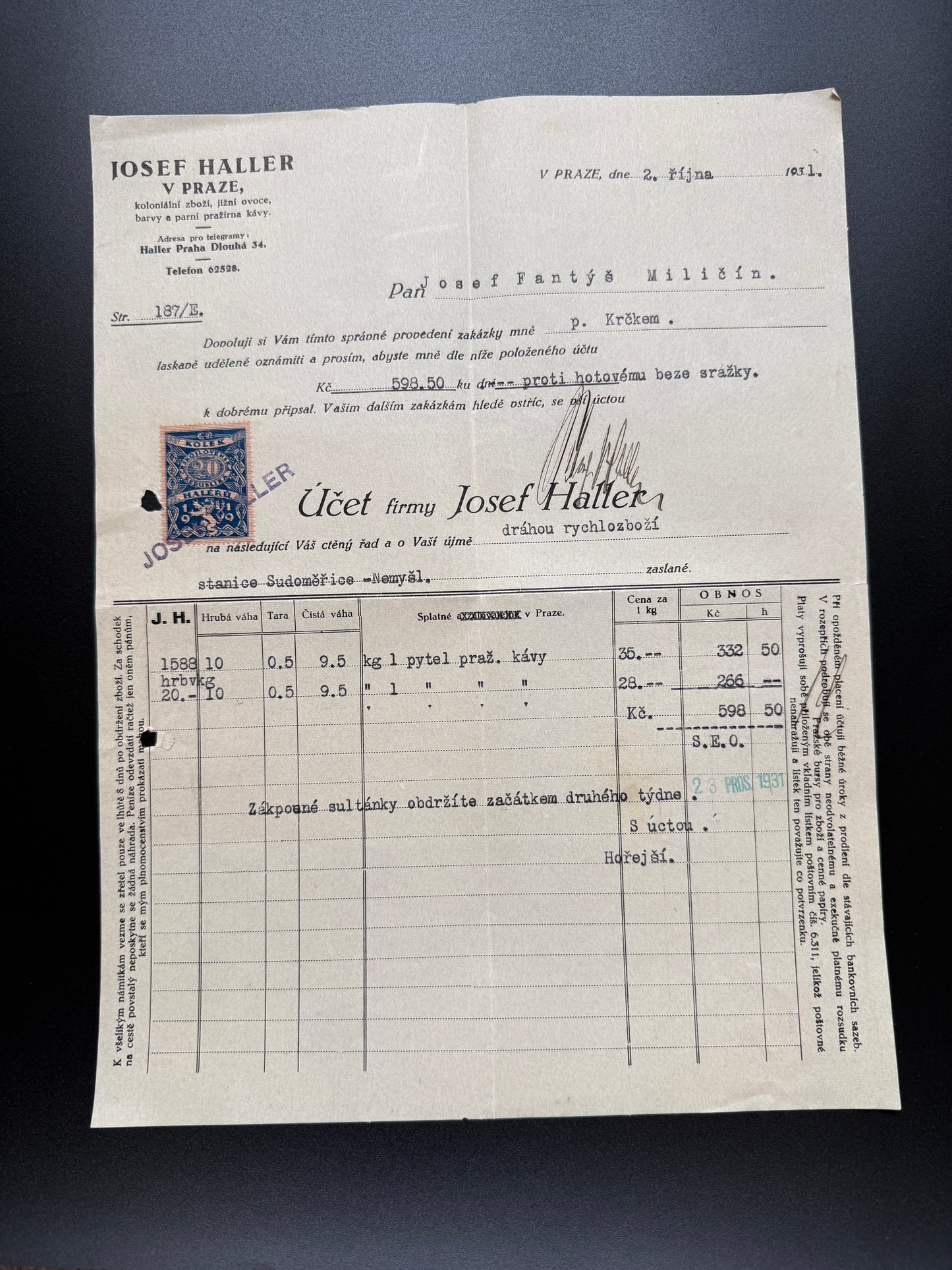 Stary účet firmy Josef Haller, Praha, 1931 (F198)