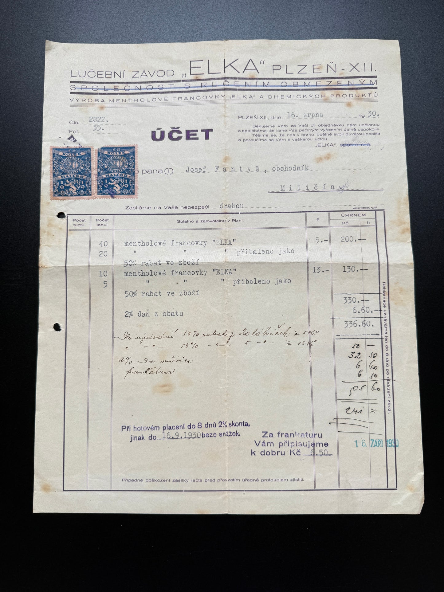 Stary účet Lučební závod ELKA Plzeň 1920 s kolky (F199)