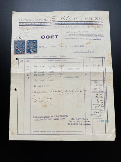 Stary účet Lučební závod ELKA Plzeň 1920 s kolky (F199)