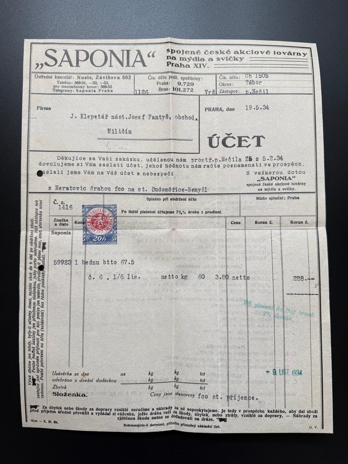 Stary Účet Spojené české akciové továrny SAPONIA, Praha 1934 (F200)