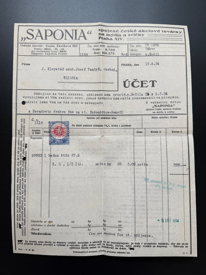 Stary Účet Spojené české akciové továrny SAPONIA, Praha 1934 (F200)