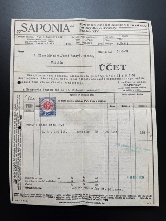 Stary Účet Spojené české akciové továrny SAPONIA, Praha 1934 (F200)