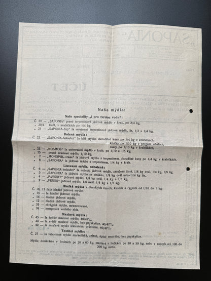 Stary Účet Spojené české akciové továrny SAPONIA, Praha 1934 (F200)