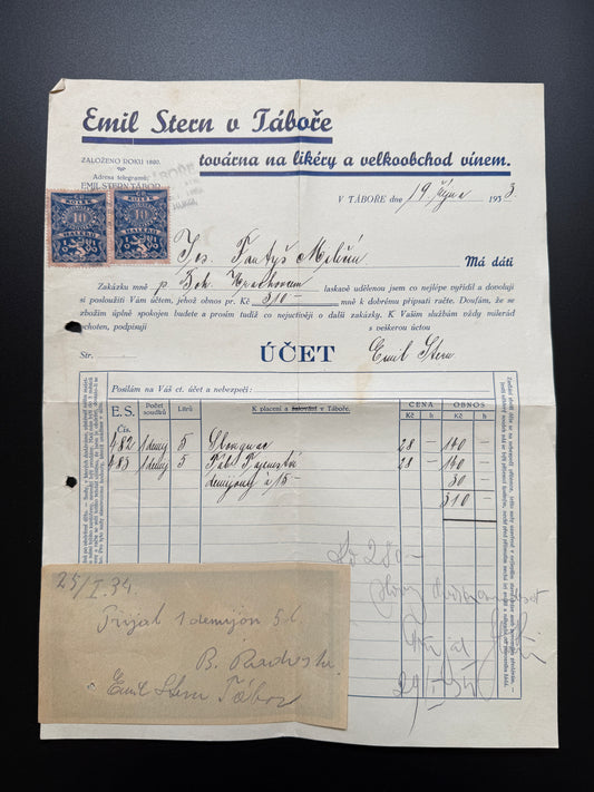 Stary ucet Emil Steern Tabor, likéry, víno, kolky 1934 (F201)