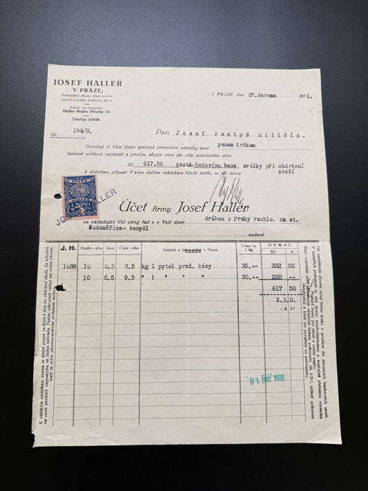Stary účet firmy Josef Haller Praha, 1927, s kolkem (F202)