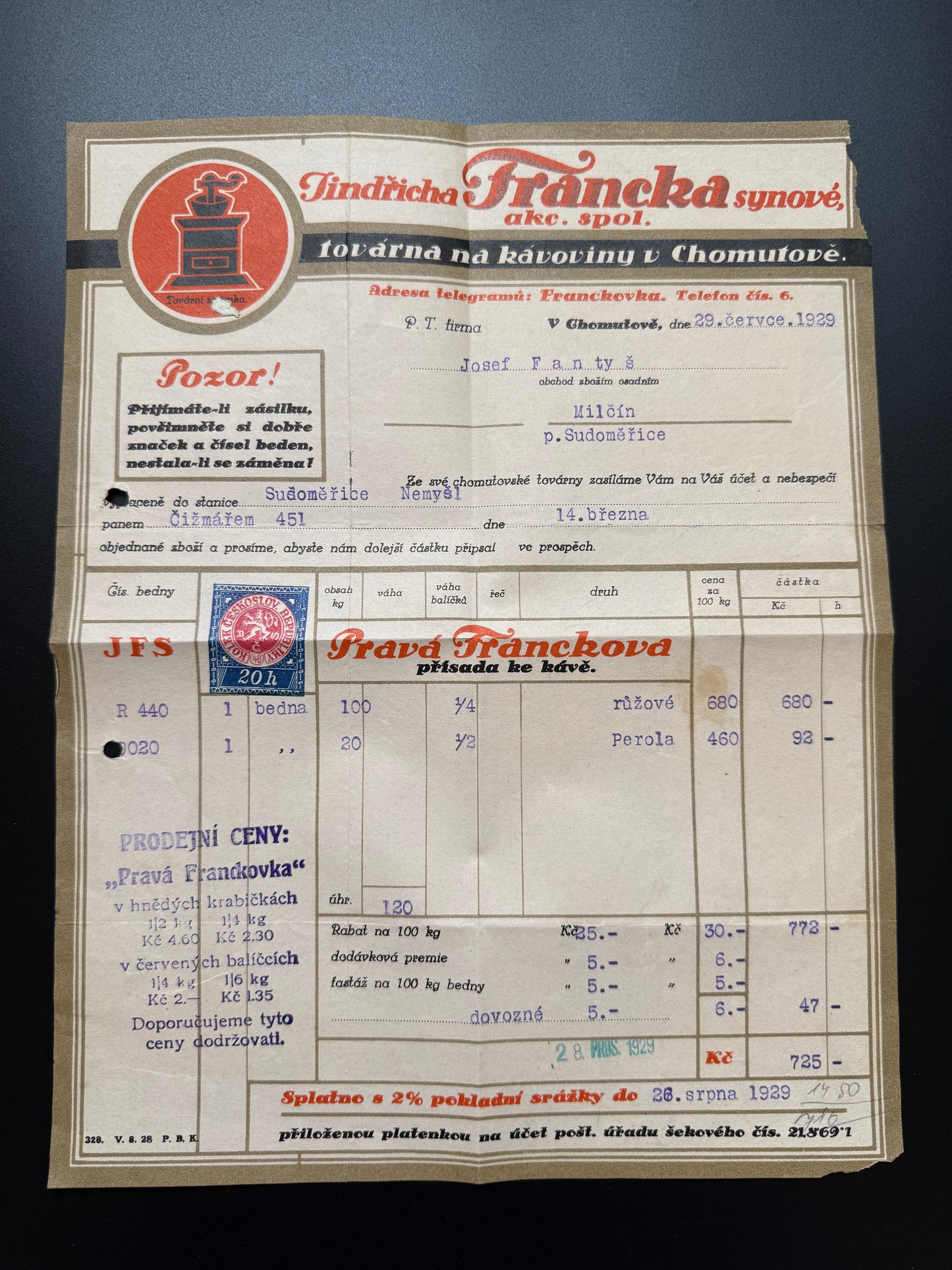 Stary dokument Jindřicha Francka Chomutov, faktura 1939 (F203)