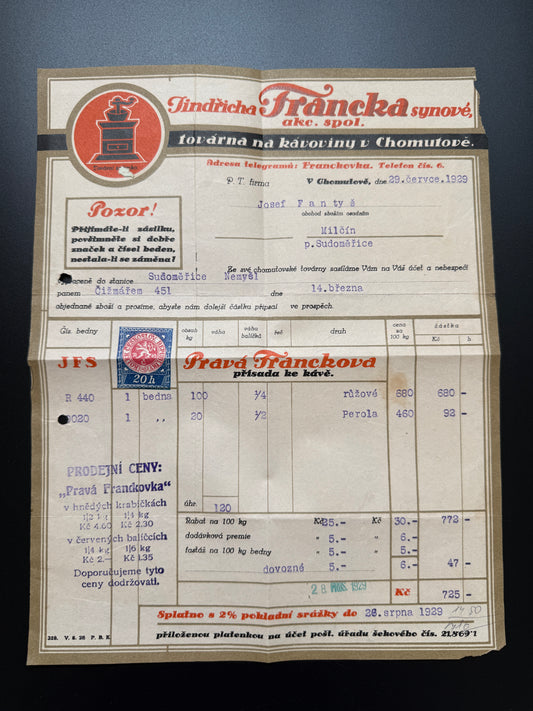 Stary dokument Jindřicha Francka Chomutov, faktura 1939 (F203)