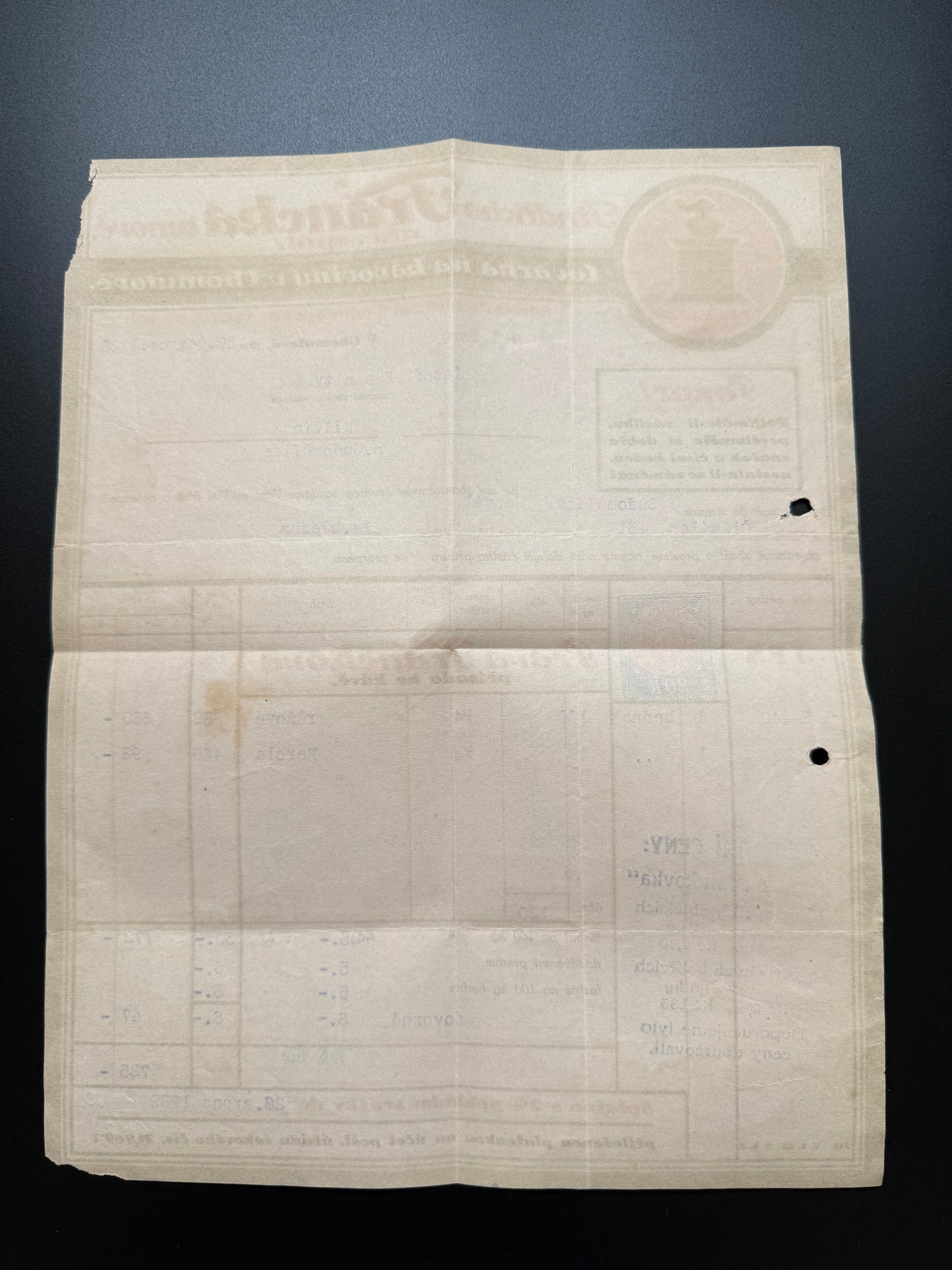 Stary dokument Jindřicha Francka Chomutov, faktura 1939 (F203)