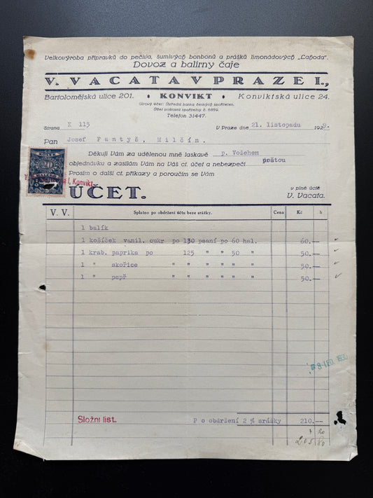 Stary dokument V. V. ATAV PRAZE I., Praha, faktura, 1920s (F204)