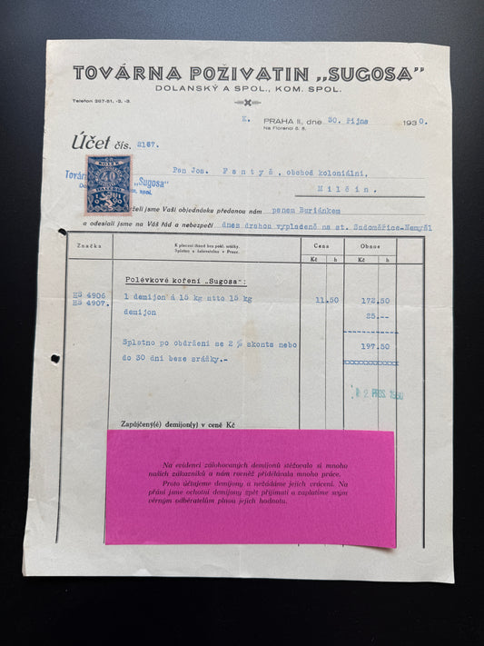 Stary účet Továrna poživatin SUCOSA Praha, 1932 (F205)
