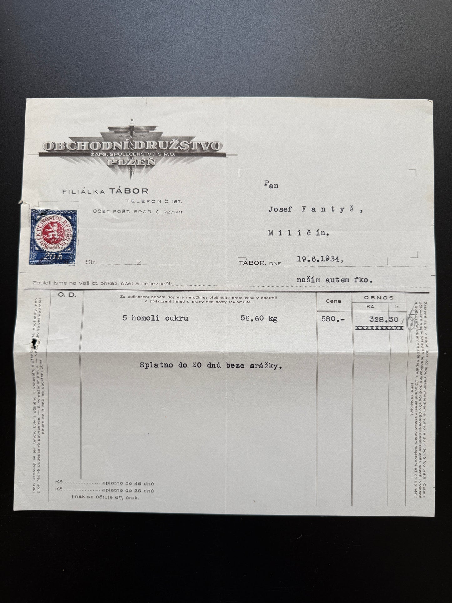 Stary OBCHODNÍ DRUŽSTVO Tábor faktura 1934 kolek (F206)