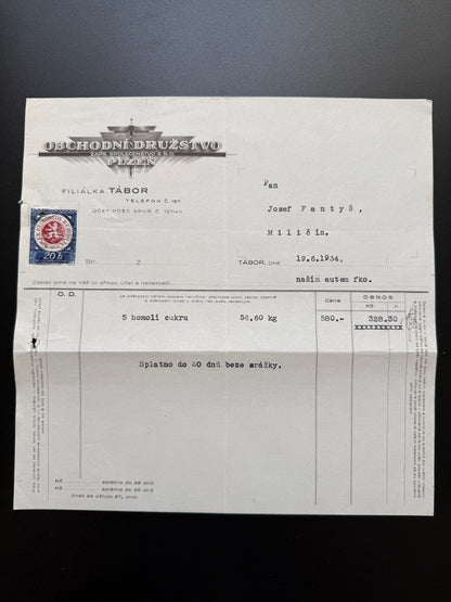 Stary OBCHODNÍ DRUŽSTVO Tábor faktura 1934 kolek (F206)