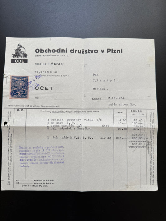 Stary účet Obchodní družstvo Plzeň, Tábor, 1934 (F207)