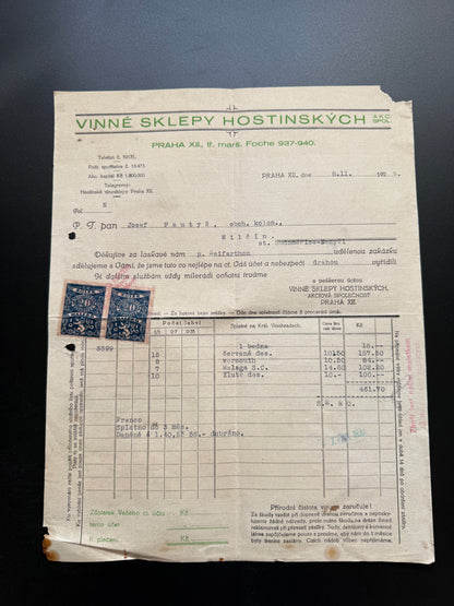 Stary doklad Vinné Sklepy Hostinských Praha 1929 (F209)