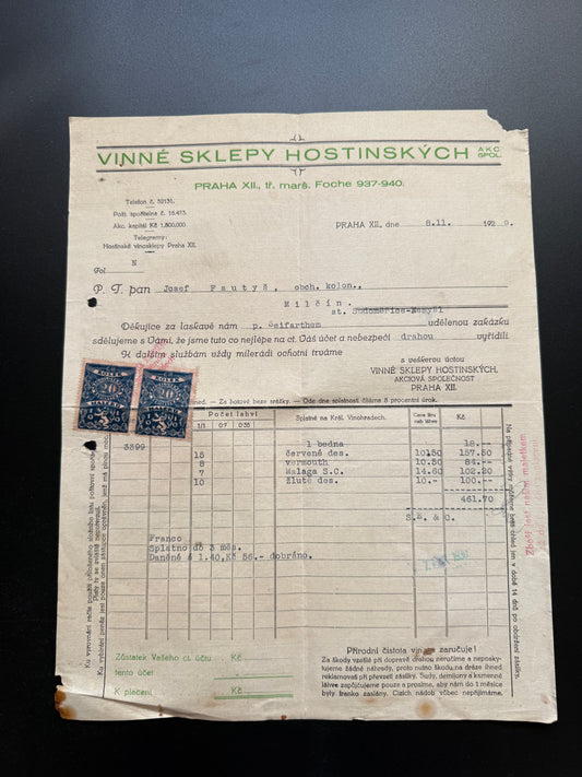 Stary doklad Vinné Sklepy Hostinských Praha 1929 (F209)