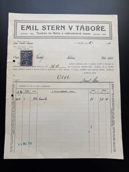 Stary účet EMIL STERN, Tábor, 1929, s kolkem (F210)