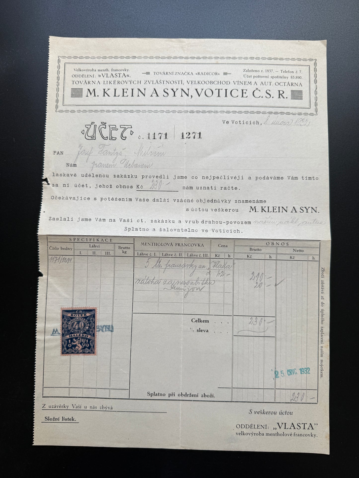 Stary dokument M. KLEIN A SYN Votice Faktura 1932 s kolkem (F211)