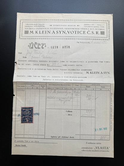 Stary dokument M. KLEIN A SYN Votice Faktura 1932 s kolkem (F211)