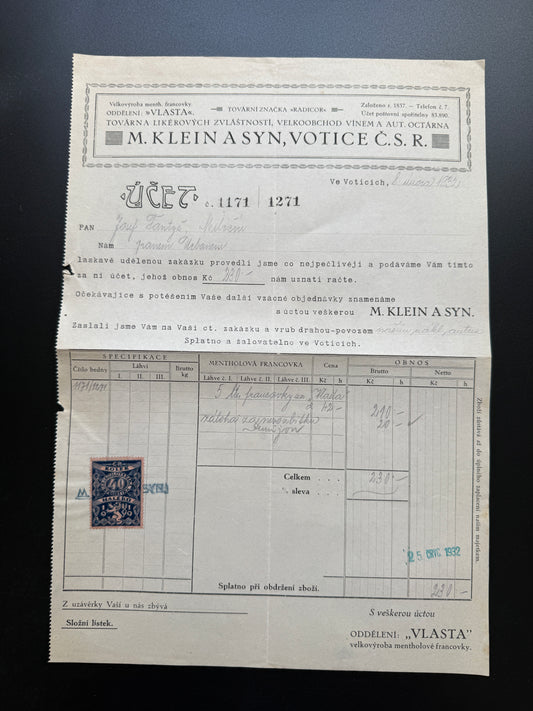 Stary dokument M. KLEIN A SYN Votice Faktura 1932 s kolkem (F211)