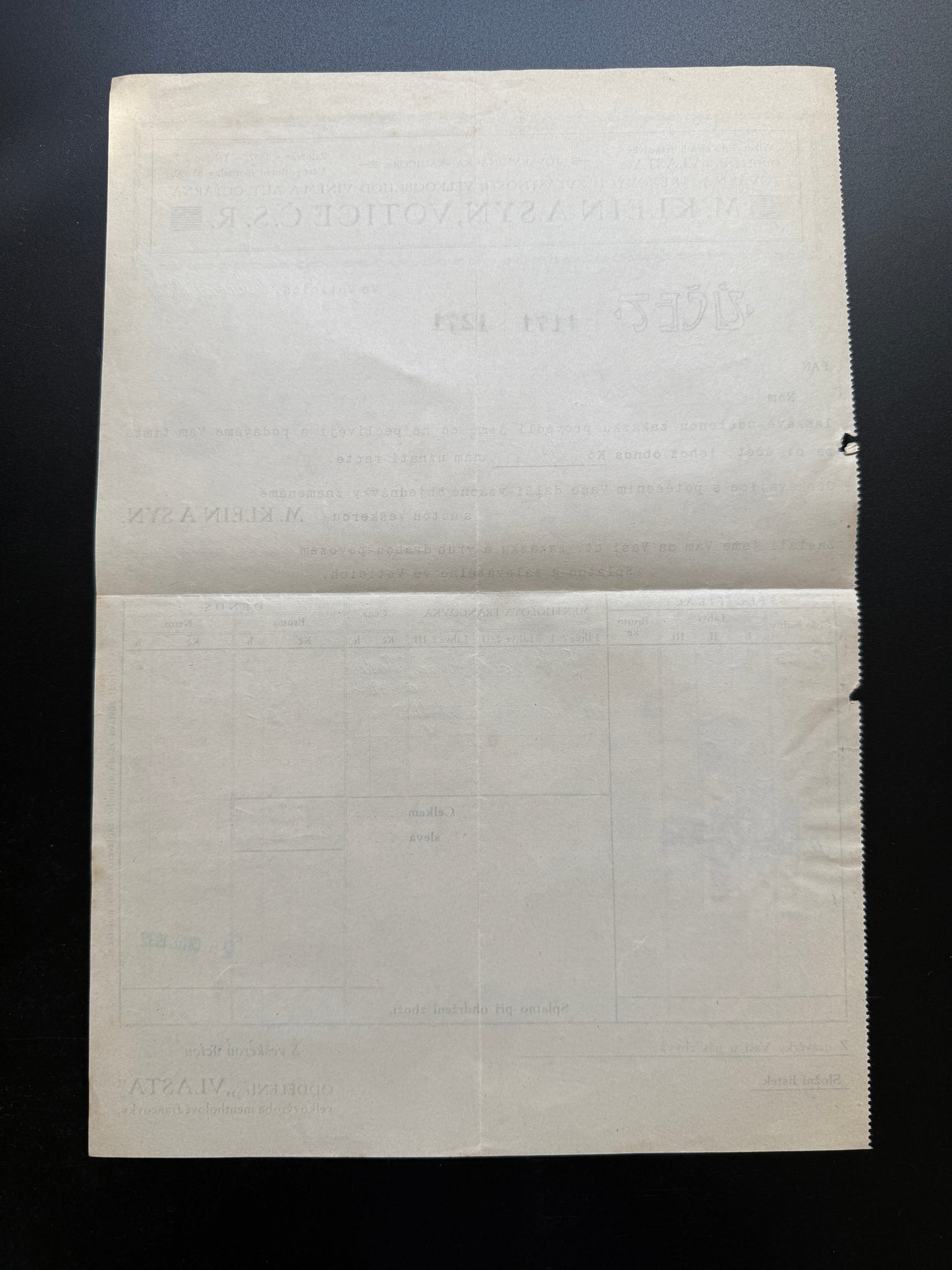 Stary dokument M. KLEIN A SYN Votice Faktura 1932 s kolkem (F211)