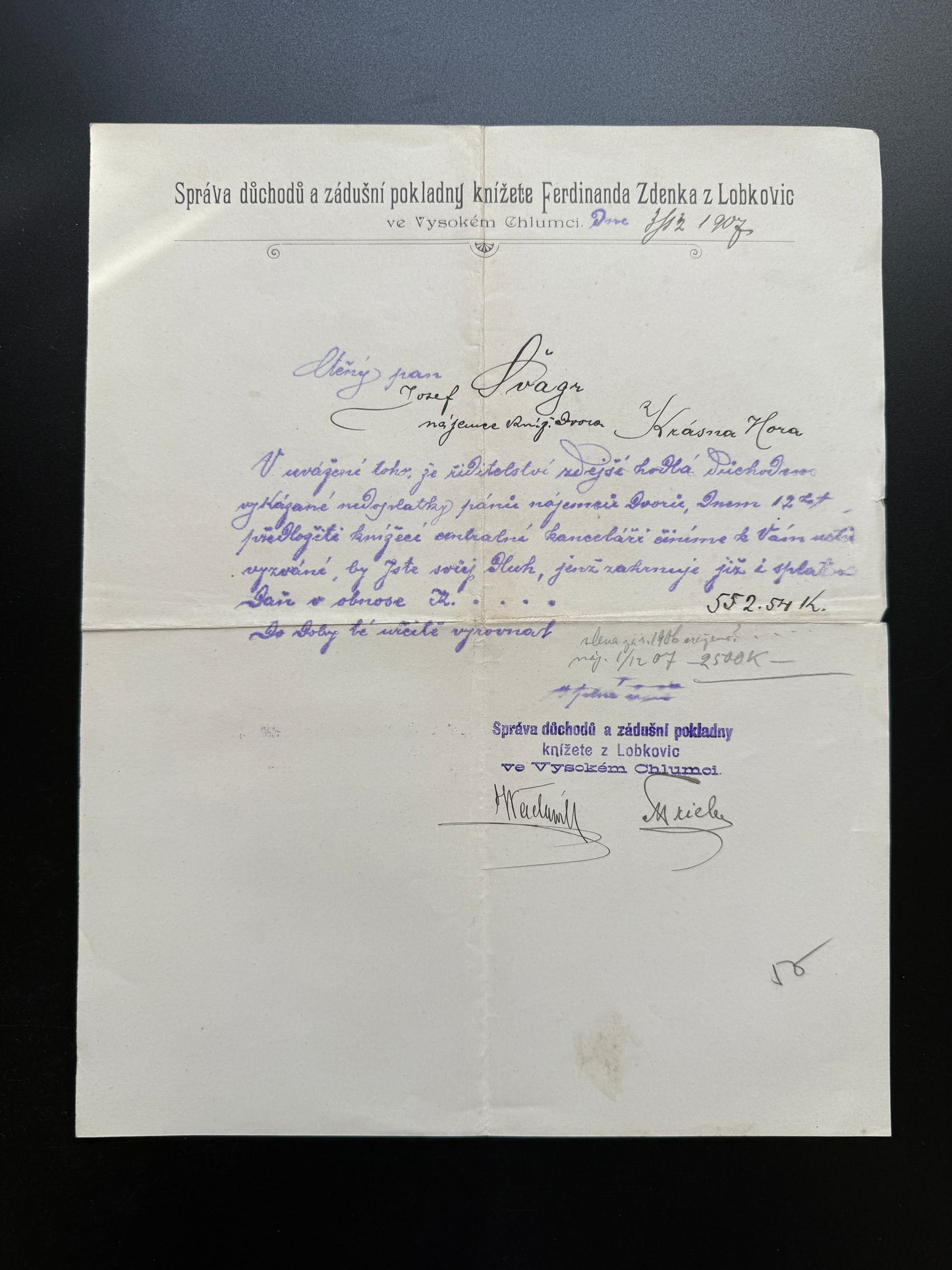Stary dlužní výpis Správa Lobkovic, Vysoké Chlumce 1924 (F213)
