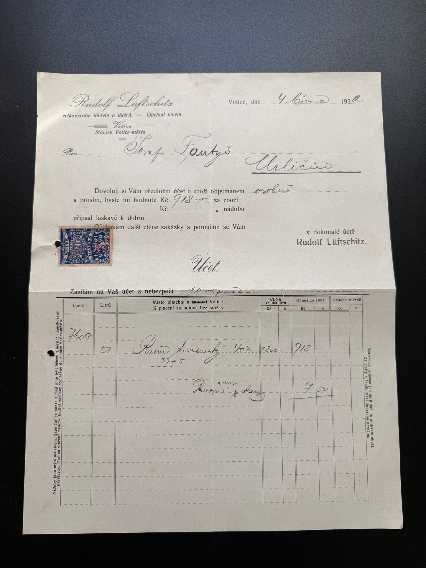 Stary Rudolf Luftschiitz Votice 1932 kolek pivo Konecni (F214)