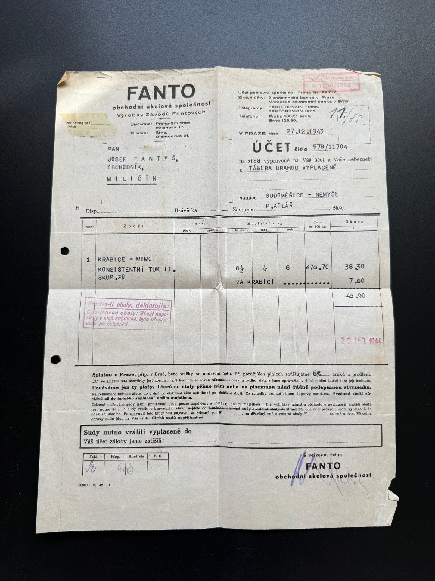 Stary účet FANTO obchodní akciová společnost Miličín 1943 (F215)