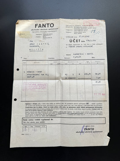 Stary účet FANTO obchodní akciová společnost Miličín 1943 (F215)