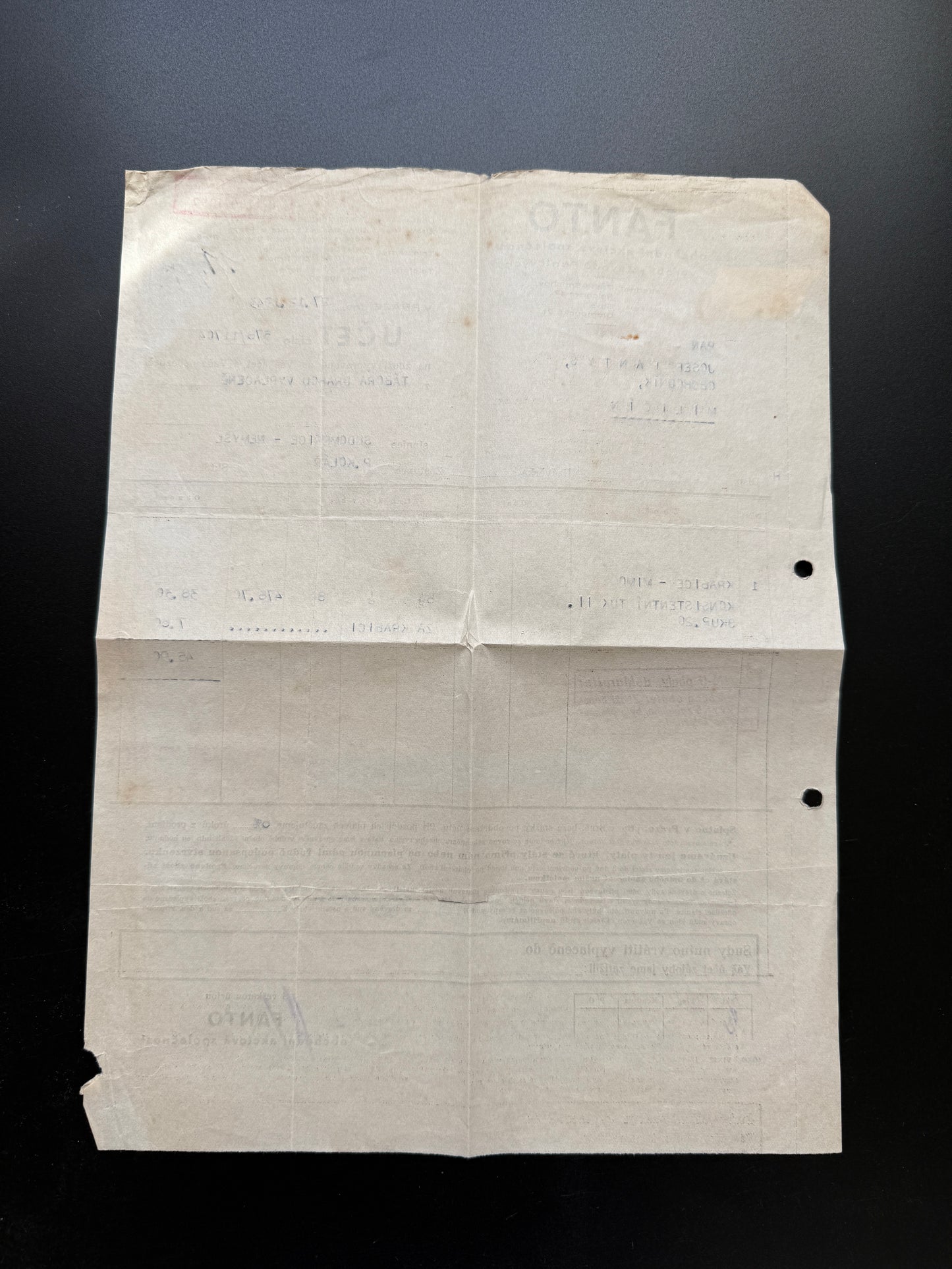 Stary účet FANTO obchodní akciová společnost Miličín 1943 (F215)